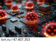 A visual metaphor for a digital virus: three-dimensional models of a virus resembling a coronavirus are placed on the surface of a computer circuit board (motherboard). The bright red spherical shapes with spikes look like biological viruses, but are placed on microchips, processors and circuit boards illuminated by warm LEDs. The atmosphere of the image is tense and technologically futuristic, emphasizing the theme of cyber threats, malware and digital security. Стоковое AI-изображение, AI-художник Анна Кривицкая / Фотобанк Лори