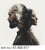 Artistic double exposure: silhouettes of a man and a woman standing with their backs to each other. The man has a beard, the woman has long hair, both with their eyes closed. Inside their silhouettes is a superimposed image of a forest, trees and branches, creating associations with nature, thoughts, inner world, unity and separation. The style is minimalist and conceptual, on a light background, with a light atmosphere of meditation and philosophical depth. Стоковое AI-изображение, AI-художник Анна Кривицкая / Фотобанк Лори