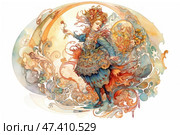 An exquisite and detailed watercolor illustration of a fairy tale character. A woman in a rich fantasy costume with lush elements and an exquisite headdress moves as if dancing, among a swirl of patterned lines, flowers and decorative elements. Her image is shrouded in folkloric and baroque motifs, with elements of art nouveau. The color scheme is soft pastel and autumnal tones: ochre, blue, coral and gold. The whole image radiates magic, inspiration and artistic sophistication. Стоковое AI-изображение, AI-художник Анна Кривицкая / Фотобанк Лори