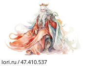 A fairytale king or magician seated on a throne (or in a majestic pose), done in the style of a watercolor illustration. He is dressed in flowing royal robes in rich shades of terracotta, blue and gold. His long gray hair and beard flow smoothly, and on his head is a crown with graceful elements. The image conveys wisdom, strength and mythological grandeur. The illustration conveys the spirit of magical tales, epics and legends. Стоковое AI-изображение, AI-художник Анна Кривицкая / Фотобанк Лори