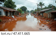 Heavy Rainfall Floods a Rural Street, Transforming the Landscape Into a River of Muddy Water Amid Green Palm Trees and Quiet Homes. Стоковое AI-изображение, AI-художник Sergey Grishin / Фотобанк Лори