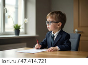 News anchor little boy. funny child headline tv. kids news.a boy in a suit is sitting in an office at a computer. Стоковое AI-изображение, AI-художник Роготнева Виктория / Фотобанк Лори
