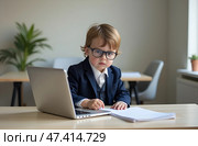 News anchor little boy. funny child headline tv. kids news.a boy in a suit is sitting in an office at a computer. Стоковое AI-изображение, AI-художник Роготнева Виктория / Фотобанк Лори