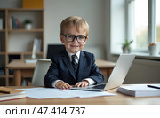 News anchor little boy. funny child headline tv. kids news.a boy in a suit is sitting in an office at a computer. Стоковое AI-изображение, AI-художник Роготнева Виктория / Фотобанк Лори