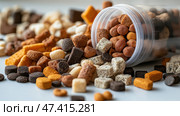 Assorted pet treats in a container scattered on a table. Разнообразные лакомства для животных в контейнере, разбросанные на столе. Стоковое AI-изображение, AI-художник Katsiaryna Repich / Фотобанк Лори