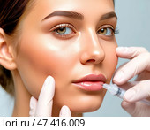 A cosmetologist injects fillers into the lips of a beautiful girl. Using hyaluronic acid based fillers. Injection cosmetology. Стоковое AI-изображение, AI-художник Сергей Елизарьев / Фотобанк Лори