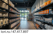 A GNC supplement, modern sports nutrition in a vibrant nutrition shop interior. добавка GNC, современное спортивное питание в ярком интерьере магазина питания. Стоковое AI-изображение, AI-художник Katsiaryna Repich / Фотобанк Лори