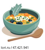 A large bowl of homemade soup and a spoon. cook asian food. Стоковая иллюстрация, иллюстратор Вячеслав Беспутин / Фотобанк Лори