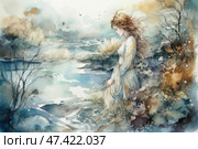 Watercolor illustration of a girl in a long light dress standing on the shore of a lake or sea. Her hair is fluttering in the wind, her head is slightly bowed, her gaze is directed downwards - she seems to be deep in thought. The atmosphere is very gentle, melancholic, filled with soft shades of blue, beige and gold. The nature around - tree branches, light clouds and water - creates a feeling of early autumn or a dying evening. The work is done in a romantic, poetic style with an emphasis on the feelings and beauty of nature. Стоковое AI-изображение, AI-художник Анна Кривицкая / Фотобанк Лори