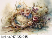 An elegant decorative box or Faberge egg, decorated with gilding and framed by a luxurious wreath of flowers. The wreath contains lush roses, cornflowers, hydrangeas, dried flowers and decorative leaves. At the bottom of the composition, a small bird with yellow-pink plumage has nestled comfortably, adding life and tenderness to the picture. The overall color scheme is soft, pastel, with light splashes of bright colors, creating a sense of sophistication and a vintage fairy tale. Стоковое AI-изображение, AI-художник Анна Кривицкая / Фотобанк Лори