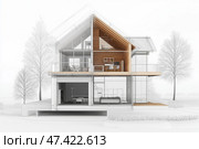 Modern glass-fronted house design merges elegance and comfort in a serene environment. Стоковое AI-изображение, AI-художник Михаил Коханчиков / Фотобанк Лори