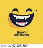 Смешная вампирская рожица с надписью «Happy Halloween» на желтом фоне. Стоковое AI-изображение, AI-художник Александр Жуков / Фотобанк Лори