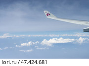 airplane wing with airline Qatar Airways logo is over beautiful sky with clouds (2009 год). Редакционное фото, фотограф Ирина Мойсеева / Фотобанк Лори