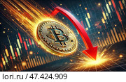 A high-quality digital illustration depicting a Bitcoin coin plummeting downwards with a red arrow, symbolizing a financial crash. Стоковое AI-изображение, AI-художник Андрей Бакусов / Фотобанк Лори