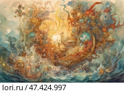 A fantastic watercolor scene filled with a swirl of colors, details and symbols. In the center is a luxurious boat, as if made of gold and precious stones, surrounded by seething waves and a multitude of mysterious elements: spheres, creatures, whirlpools and energies. The atmosphere is reminiscent of a dream or a myth: it could be a journey into the unknown, an allegory of the inner world or a magical sea adventure. The illustration amazes with its complexity, beauty and depth, executed in a rich color palette with a predominance of blue, amber and gold shades. Стоковое AI-изображение, AI-художник Анна Кривицкая / Фотобанк Лори