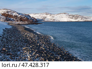 Пляж драконьих яиц мартовским днем. Берег Баренцева моря. Териберка. Стоковое фото, фотограф Виктор Карасев / Фотобанк Лори