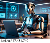 Робот сидит за столом с ноутбуком. Концепция технологий будущего в современном мире. Стоковое AI-изображение, AI-художник Руслан Лесков / Фотобанк Лори