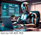 Робот сидит за столом с ноутбуком. Концепция технологий будущего в современном мире. Стоковое AI-изображение, AI-художник Руслан Лесков / Фотобанк Лори