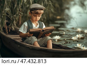 Мальчик читает старую книгу, сидя в деревянной лодке. Озеро с цветущими кувшинками, летний день. Стоковое AI-изображение, AI-художник Щеголева Ольга / Фотобанк Лори