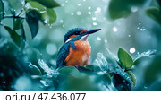 A kingfisher jewel in a rain kissed garden. Стоковое AI-изображение, AI-художник Данила Большаков / Фотобанк Лори