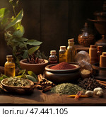 A cozy and atmospheric still life with a set of spices, herbs and oils in warm, natural light. In the center of the composition are wooden and clay bowls with dried herbs, powders, cinnamon sticks, cloves, garlic, anise, as well as glass bottles with oils and extracts. In the background, green leaves of fresh plants and traditional utensils are visible. The overall mood of the frame is warm, aromatic and rich, like a scene from an old pharmacy or a healer's kitchen. Стоковое AI-изображение, AI-художник Анна Кривицкая / Фотобанк Лори