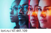 The faces of four people are presented in a row, looking forward. The painting is made in a futuristic style with bright colors - blue-blue and red-orange shades. The people's looks are purposeful and serious, the faces are partially crossed by abstract light or digital reflections, reminiscent of holograms or augmented reality interfaces. The image symbolizes future technologies, artificial intelligence, digital transformation and diversity. Стоковое AI-изображение, AI-художник Анна Кривицкая / Фотобанк Лори