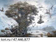 A fantastic illustration depicting a giant fairy-tale tree with ornate, almost architectural roots and branches, surrounded by many flying creatures resembling birds with features of angels or fairies. In the sky is a hovering airship with masts, sails and a gondola, held by cables. The entire space is saturated with a soft bluish-gray tone, creating a feeling of ephemerality, lightness and magic. The illustration resembles scenes from an epic fantasy or a dream full of mysteries, antiquity and magic. Стоковое AI-изображение, AI-художник Анна Кривицкая / Фотобанк Лори