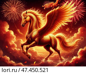 Золотой конь с крыльями летит по небу, окруженный фейерверками. Стоковое AI-изображение, AI-художник Ярославский Максим / Фотобанк Лори