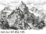 A detailed black and white pencil drawing of an alpine landscape. In the center of the composition is a cozy mountain hotel or chalet, located on a rocky cliff among a pine forest. The house is built in the traditional Alpine style: a steep roof, wooden balconies and a weather vane on a spire. Around are majestic mountains, the jagged peaks of which are lost in the clouds. Trees stretch up the slopes, enhancing the atmosphere of privacy and tranquility. The composition conveys the romance of the mountains, a sense of silence and natural power. Стоковое AI-изображение, AI-художник Анна Кривицкая / Фотобанк Лори