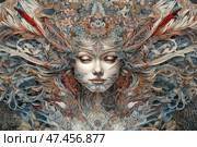 A complex, mesmerizing fantasy illustration depicting a woman's face partially hidden behind a decorative mask that blends in with the surrounding ornament. Her gaze is calm and mystical, her lips are slightly parted. The entire space around her is an incredible interweaving of patterns, feathers, flowers, leaves, ribbons and symbols. The color palette is dominated by blue-gray, beige, red and ochre shades, creating the effect of a visual vortex. The image resembles an ancient goddess, a spirit of nature or a queen from myths. Стоковое AI-изображение, AI-художник Анна Кривицкая / Фотобанк Лори