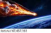 Fiery meteor plummeting towards earth with starry night sky backdrop. Стоковое AI-изображение, AI-художник Андрей Бакусов / Фотобанк Лори
