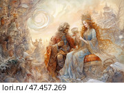 An exquisite fairytale scene, executed in the style of fantasy watercolor painting. In the center sits a royal couple: a man in a baroque outfit decorated with jewels, and a woman with long wavy red hair, in a blue royal dress with gold embroidery and a majestic crown. They hold hands, as if making a union or sharing an oath. The background is a winter fairytale landscape with snow-capped mountains, castles and many characters in the style of folk mythology and epic. The atmosphere is magical, romantic, with elements of mysticism and Slavic fairytale. Стоковое AI-изображение, AI-художник Анна Кривицкая / Фотобанк Лори