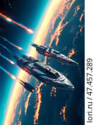 A fleet of advanced spaceships navigates the stunning expanse of the universe, emitting brilliant trails of light as they pierce through interstellar space Generative AI. Стоковое AI-изображение, AI-художник Юлия Петровская / Фотобанк Лори