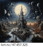 A dark, surreal alien landscape under the bright light of a huge moon or star. In the center rises a fantastic organic tower, reminiscent of an interweaving of roots, bones and cobwebs. Around are strange structures and silhouettes of creatures, a river with silvery water, floating planets and moons in the sky. The atmosphere is filled with a sense of mystery, post-apocalyptic reality and a distant alien civilization. The art style is a mixture of surrealism, dark fantasy and science fiction. Стоковое AI-изображение, AI-художник Анна Кривицкая / Фотобанк Лори
