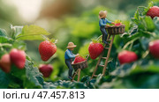 Farmers harvesting strawberries in a lush field during a sunny day. Два миниатюрных фермера собирают спелую клубнику с высоких растений на ярком зеленом поле. Ярко светит солнце, создавая идеальный день для сбора фруктов в сельской местности. Стоковое AI-изображение, AI-художник Katsiaryna Repich / Фотобанк Лори