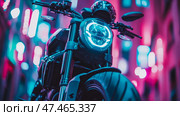 Retro Ride: A neon-lit motorcycle showcasing headlight and helmet, perfect for print or poster. Стоковое AI-изображение, AI-художник Данила Большаков / Фотобанк Лори