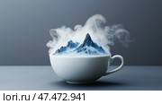 Steam rising from a coffee cup forms an intricate mountain landscape. Кофейная чашка выпускает пар, который причудливо складывается в горный хребет, создавая художественное отображение природы и тепла. В этой сцене запечатлен момент спокойствия и творчества. Стоковое AI-изображение, AI-художник Katsiaryna Repich / Фотобанк Лори