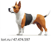 A stylized illustration of a dog, done in a vector or digital art style. The dog is shown in profile, standing confidently on all fours, with its head up and ears pricked. Its coat is a tricolor: red, white, and black. Its body is muscular, which may indicate a fighting or service breed (such as an Amstaff, Pitbull, or Bully). The illustration is done on a white background, with clean lines and a texture that imitates brushstrokes or digital engraving. Стоковое AI-изображение, AI-художник Анна Кривицкая / Фотобанк Лори