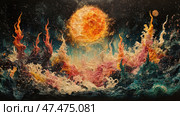 A fantastic abstract composition with a powerful expression of color and form. In the center is a huge flaming luminary, similar to the sun or a star, shrouded in gold and orange flashes. Below is a seething and chaotic landscape reminiscent of flames, reefs or an eruption of energy. Visually, the work looks like a mix of impasto painting and digital abstraction, with bright textures reminiscent of splashes of paint, foam or lava. The color scheme is saturated: fiery red, coral, turquoise, gold and dark blue shades create a sense of explosive dynamics. The painting seems to be an image of another world or energy dimension. Стоковое AI-изображение, AI-художник Анна Кривицкая / Фотобанк Лори