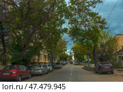 Atmosphere of one of the streets of Sevastopol. The road stretches upwards, to the horizon, beyond which the sea can be seen. On both sides of the street grow trees with green and yellowed leaves, creating a natural arch above the road. Along the edges of the road are parked cars, among which you can see cars and SUVs. Along the sidewalks are installed metal fences, and on the corner of the building with a red roof you can see a sign.Old residential buildings with balconies and air conditioners are noticeable, which emphasizes the local urban style. Road signs warn of restrictions, and a pedestrian crossing leads to the opposite side of the street. In the distance on the horizon you can feel the sea air, typical of a seaside city. (2021 год). Редакционное фото, фотограф Анна Кривицкая / Фотобанк Лори