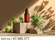 Capture of a skincare serum mockup in an elegant setting with natural lighting. Стеклянная бутылочка с пипеткой, наполненная золотистой сывороткой, стоит на фактурной каменной поверхности. Мягкие тени от близлежащих листьев создают безмятежную атмосферу при естественном освещении. Стоковое AI-изображение, AI-художник Katsiaryna Repich / Фотобанк Лори