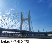 Центральный мост в городе Новосибирск в солнечный день. Четвертый мост. Башня или пилон с подвесами моста на площади инженера Будагова. The Central bridge in Novosibirsk. A tower or pylon with suspension bridges on Engineer Budagov Square. Стоковое фото, фотограф Денис Баданин / Фотобанк Лори