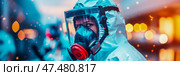 Hazmat Hero: Courage in Contamination; Safety Suit Assurance against Biohazard, Disease, and Pollution, Vital Equipment for Worker Resilience. Стоковое AI-изображение, AI-художник Данила Большаков / Фотобанк Лори