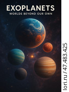 Exploring Exoplanets in a Colorful Cosmic Landscape With Various Planets and Stars in the Night Sky. Стоковое AI-изображение, AI-художник Юлия Гапеенко / Фотобанк Лори