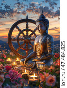 Buddha statue under the evening sky with clouds surrounded by candles and bright flowers against the background of the wheel of samsara - a symbol of Buddhism and the Vesak holiday. Стоковое AI-изображение, AI-художник Iva Noel / Фотобанк Лори