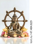 Buddha Statue Surrounded By Candles And Vibrant Flowers Isolated On White Background. Стоковое AI-изображение, AI-художник Iva Noel / Фотобанк Лори