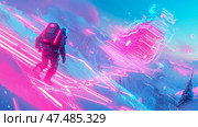 Cyberpunk Ascent: lone astronaut traverses a neon-lit glacial landscape, merging the harshness of space exploration with futuristic circuitry. Стоковое AI-изображение, AI-художник Данила Большаков / Фотобанк Лори