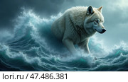 Majestic Wolf Emerging From Turbulent Ocean Waves Under a Stormy Sky at Twilight. Стоковое AI-изображение, AI-художник Sergey Grishin / Фотобанк Лори