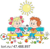 Funny little boy and girl with a cheerful puppy talking happily on a colorful small bench at a playground in a park on a warm summer day. Стоковая иллюстрация, иллюстратор Alexey Bannykh / Фотобанк Лори