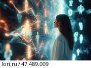 A person is mesmerized by a magnificent digital wall teeming with DNA strands and faces of historical figures. This cinematic visualization delves into the intricacies of genetic heritage. Стоковое AI-изображение, AI-художник Nart / Фотобанк Лори